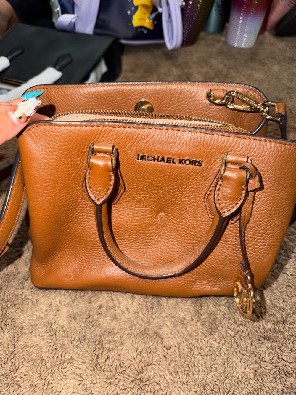 Michael Kors Caramel Brown Pebbled Leather Satchel with Gold Hardware
